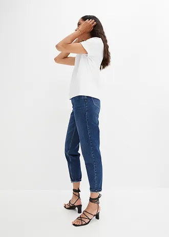 Dżinsy mom, high waist, low stretch, cropped • ciemnoniebieski denim "used" • sklep bonprix