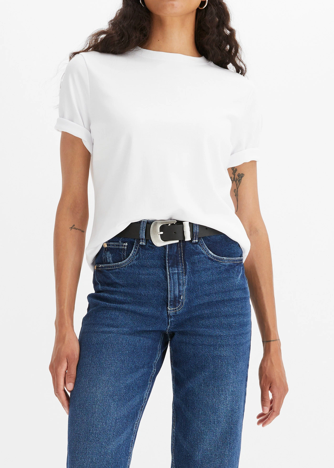 Mom-farmer, High Waist, Low sztreccs, rövidített • sötétkék denim, használt hatású • bonprix áruház