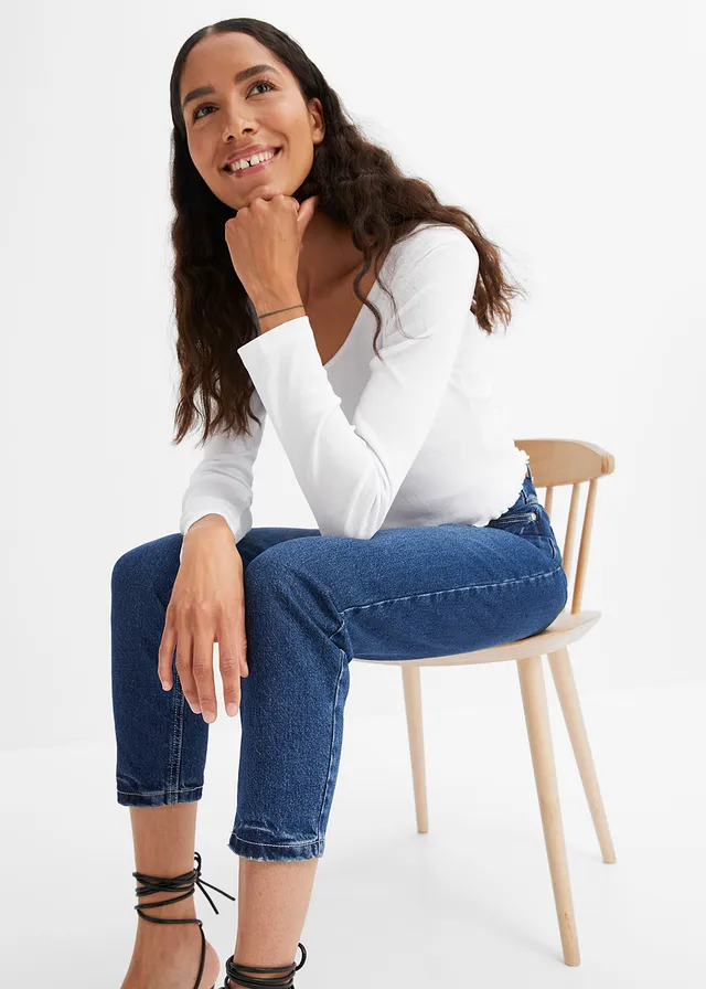 Jean mom taille haute, peu extensible, cropped • denim bleu foncé used • product-page.page-title-suffix