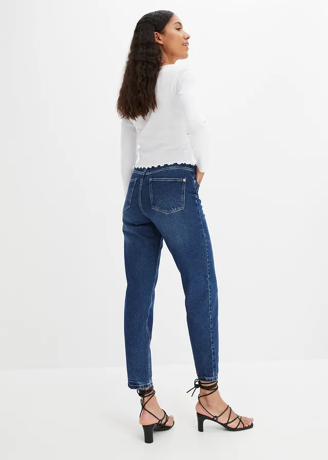 High waist mom jeans, low stretch, cropped • donkerblauw denim used • product-page.page-title-suffix