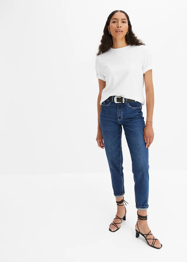 Dżinsy mom, high waist, low stretch, cropped, kolor: ciemnoniebieski denim "used"