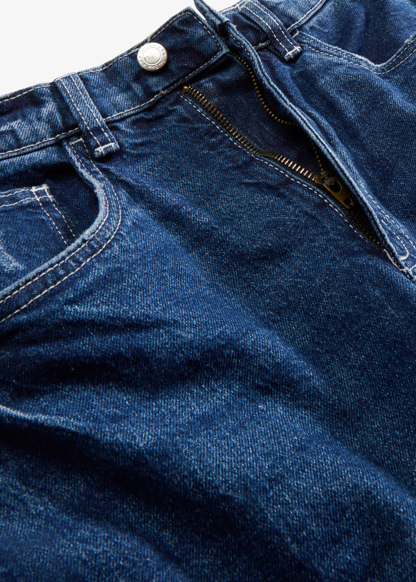 Blugi mom cu talie înaltă, low stretch, cropped • bleumarin denim uzat • magazin bonprix