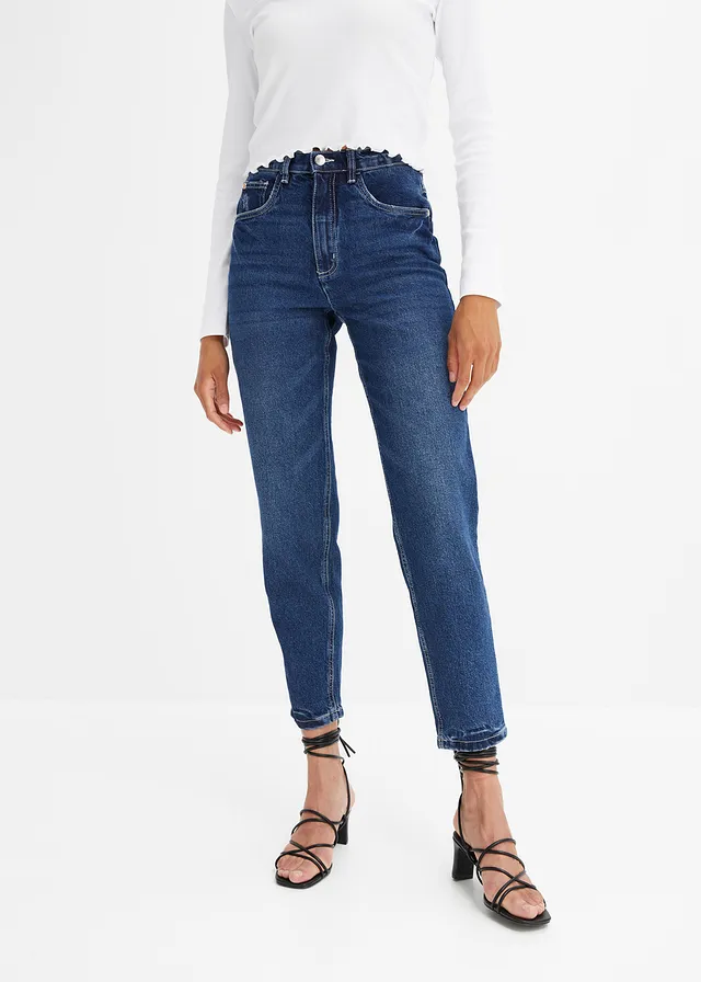 High waist mom jeans, low stretch, cropped, Kleur: donkerblauw denim used