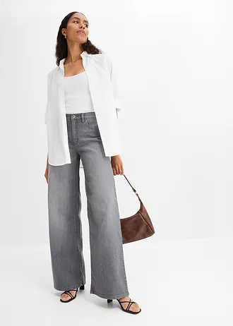 Oversized blouse van katoen met 3/4 mouwen, Kleur: wit