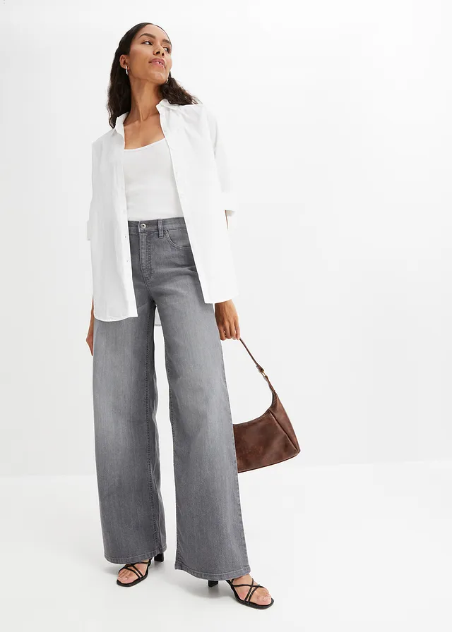 Jean large taille haute, Couleur: gris denim