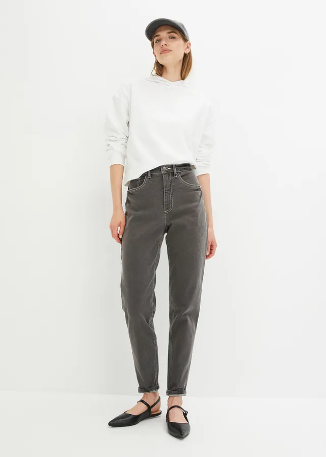 Jean mom taille haute, extensible, Couleur: gris foncé denim used
