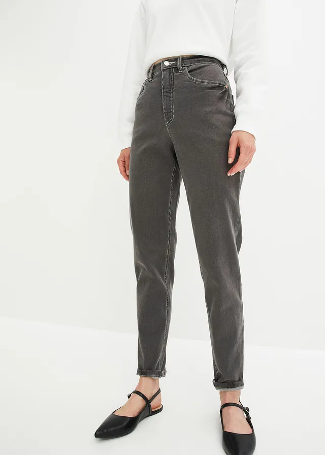 Jean mom taille haute, extensible, Couleur: gris foncé denim used