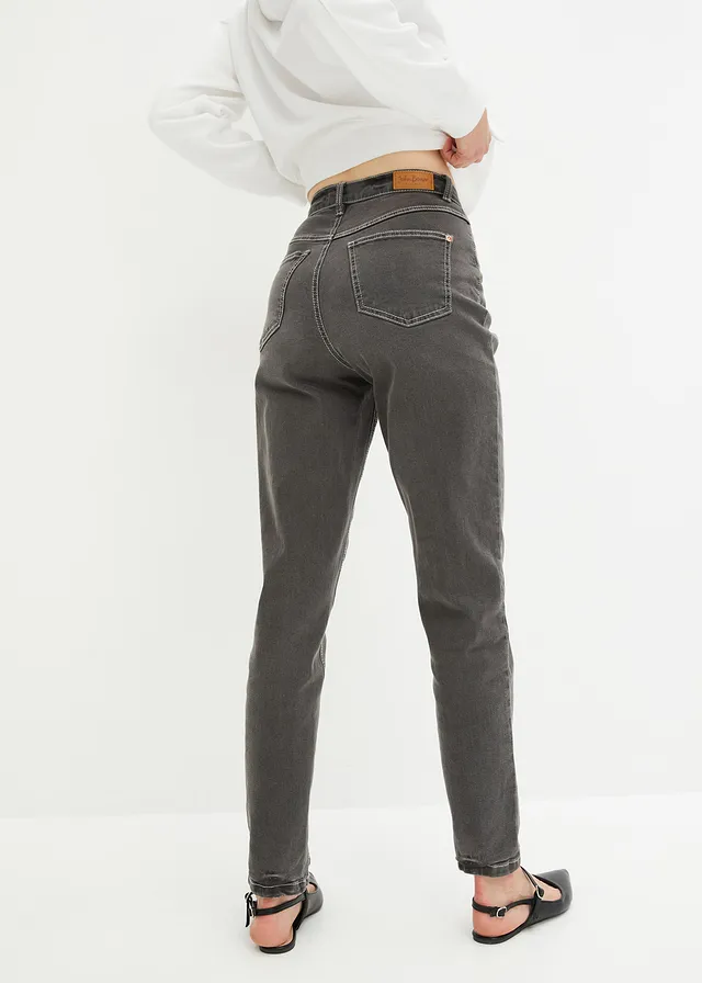 Jean mom taille haute, extensible, Couleur: gris foncé denim used