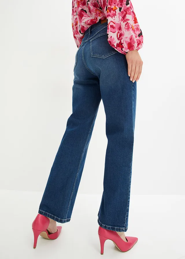 Jean large taille haute, Couleur: medium bleu bleached used