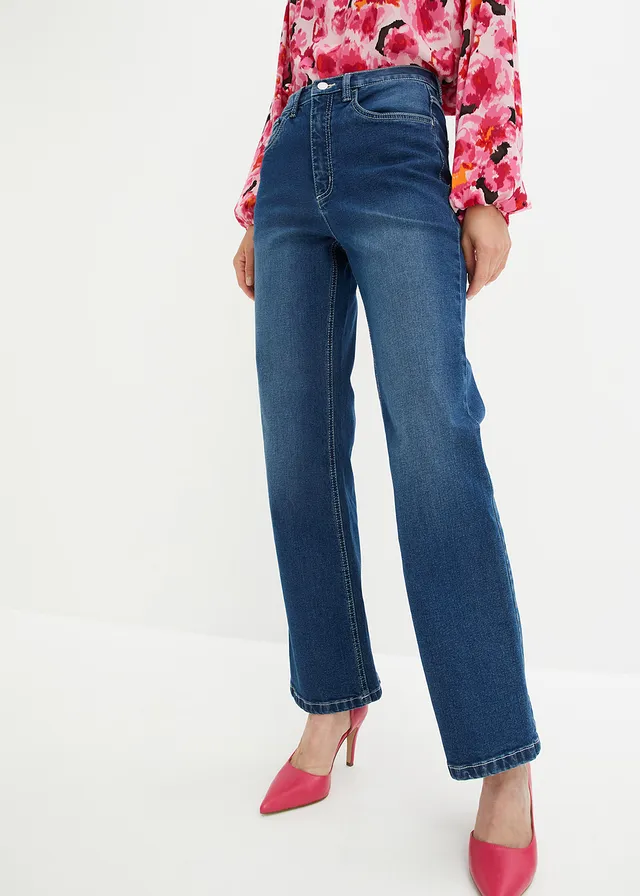 Wide leg jeans met high waist, Kleur: middelblauw denim used