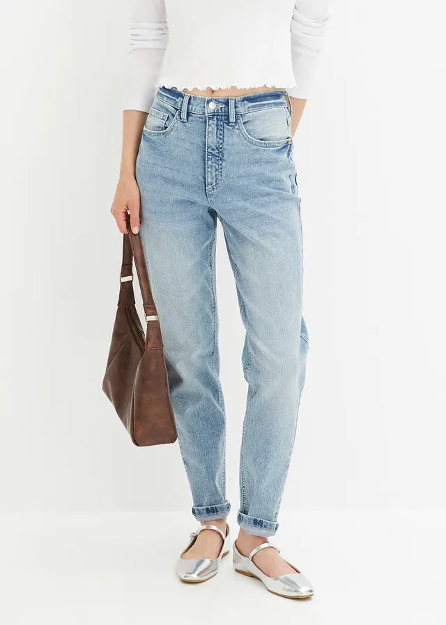 Jean mom taille haute, extensible • bleu clair denim used • product-page.page-title-suffix