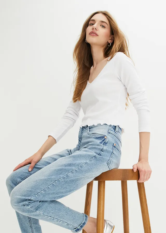Jean mom taille haute, extensible • bleu clair denim used • product-page.page-title-suffix