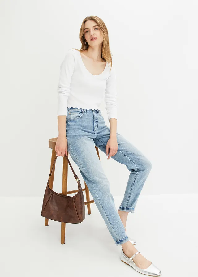 Jean mom taille haute, extensible • bleu clair denim used • product-page.page-title-suffix