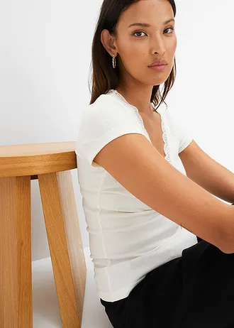 Geribd shirt met kanten detail (set van 2) • zwart/wolwit • bonprix online shop