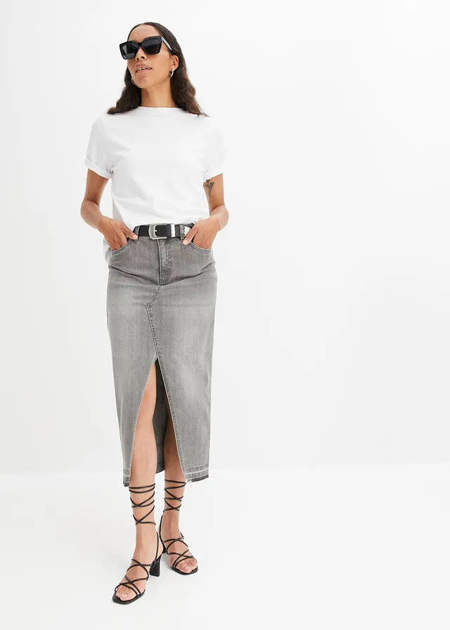 Midi spijkerrok met split, Kleur: lichtgrijs denim