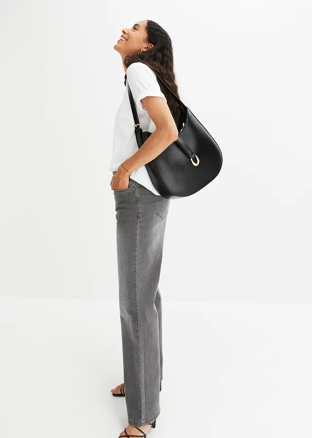 Wide leg jeans mid waist, stretch, Kleur: grijs denim