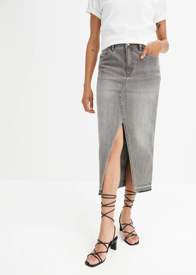 Jupe en jean fendue devant, Couleur: gris clair denim