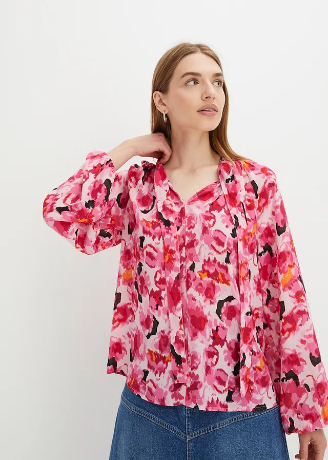 Chiffon blouse met strik, Kleur: pink