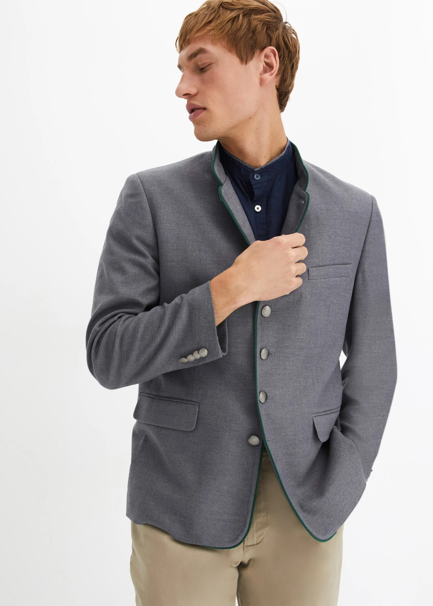 Krojové sako ve vlněném vzhledu • šedý melír/tmavě zelená • bonprix obchod