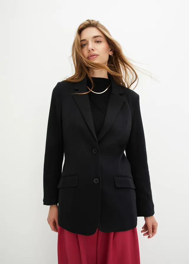 Lange blazer van katoen-jersey, Kleur: zwart