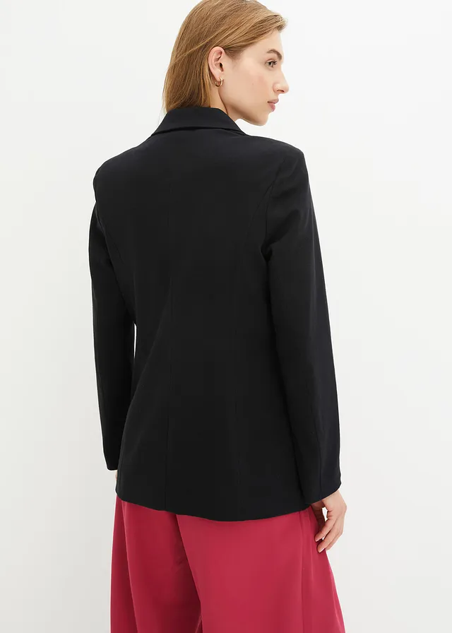 Blazer long en jersey coton, Couleur: noir