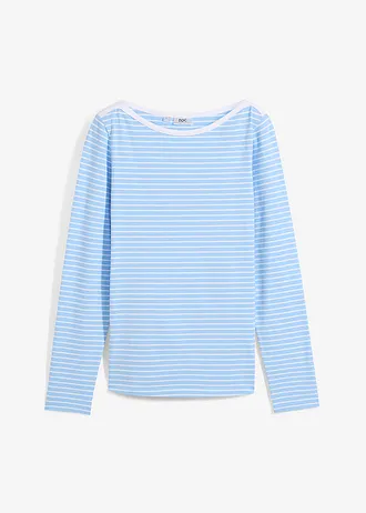 Pruhované triko s dlouhým rukávem a lodičkovým výstřihem • světle modrá/bílá s proužky • bonprix obchod