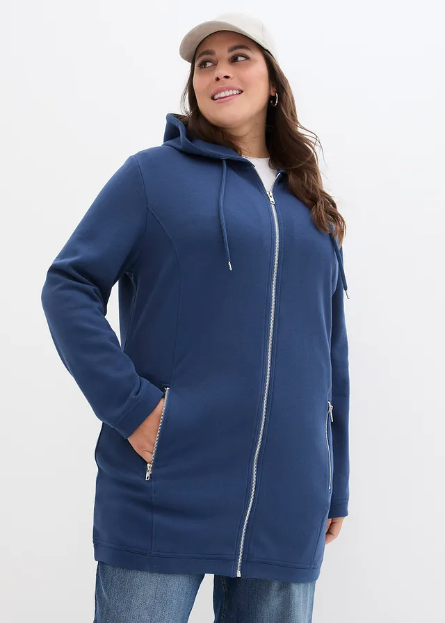 Long sweat zippé avec poches zippées, Couleur: bleu profond