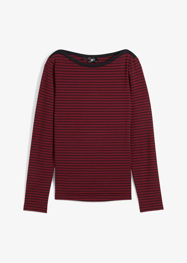 Gestreepte longsleeve met boothals, Kleur: robijnrood-zwart gestreept