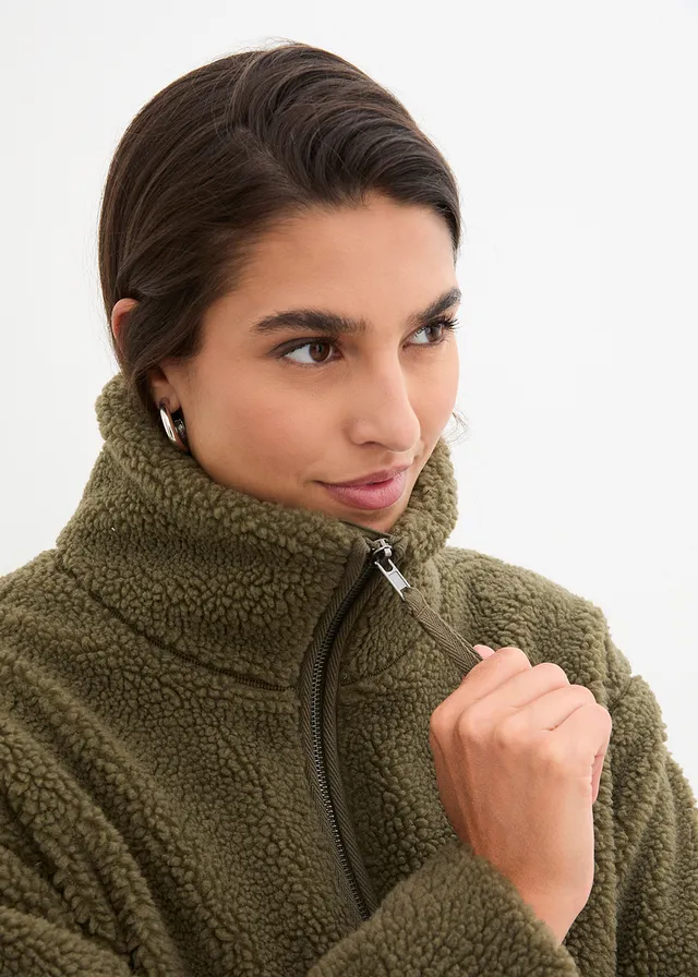 Gevoerde teddy fleece jas • donkerolijfgroen • product-page.page-title-suffix