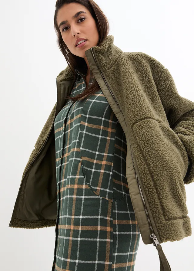 Gevoerde teddy fleece jas • donkerolijfgroen • product-page.page-title-suffix