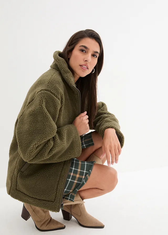 Gevoerde teddy fleece jas • donkerolijfgroen • product-page.page-title-suffix