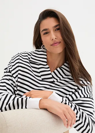 Oversize mikina s výstřihem do V a límcem polo • bílo-černá s proužky • bonprix obchod