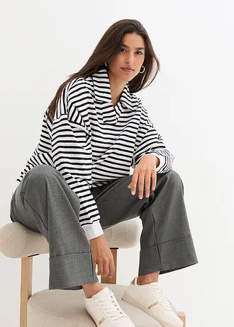 Oversize mikina s výstřihem do V a límcem polo • bílo-černá s proužky • bonprix obchod