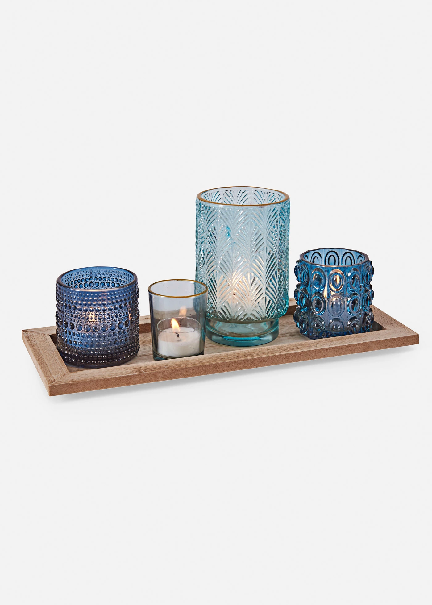 Plateau bougeoir avec 4 bougies chauffe-plat • bleu-naturel • Boutique bonprix