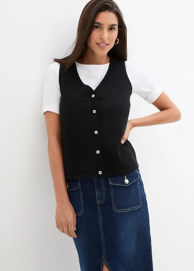 Gilet met knopen, Kleur: zwart