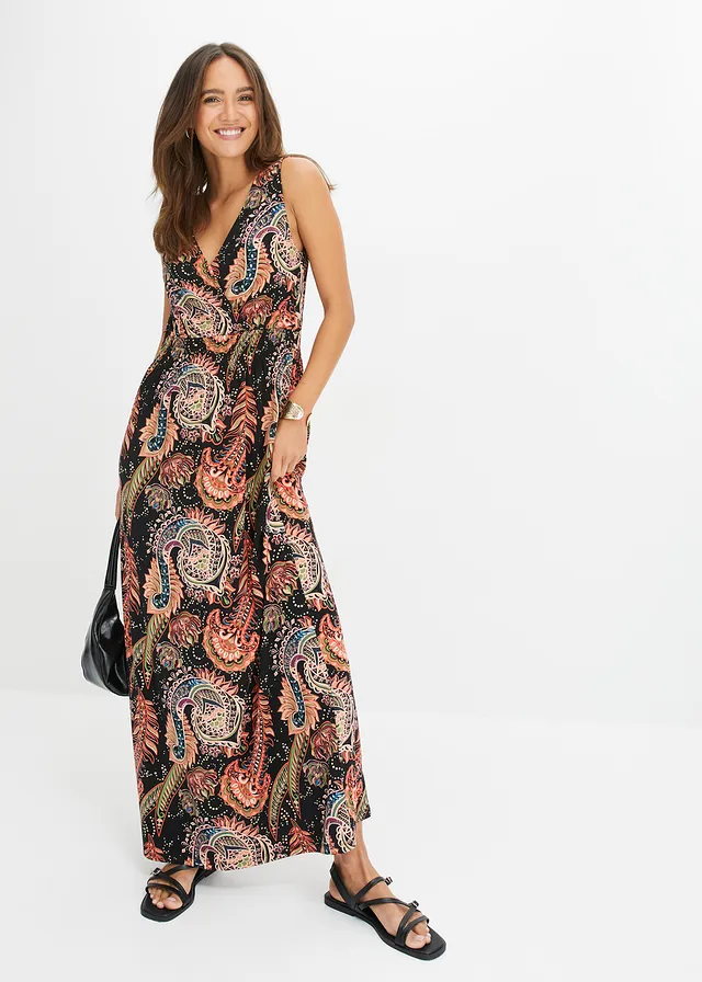 Maxi jurk van een zachte viscosemix, Kleur: zwart/oranje