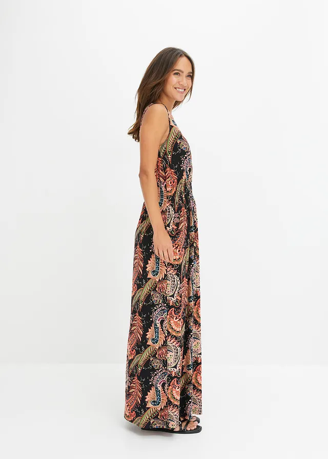 Maxi jurk van een zachte viscosemix, Kleur: zwart/oranje