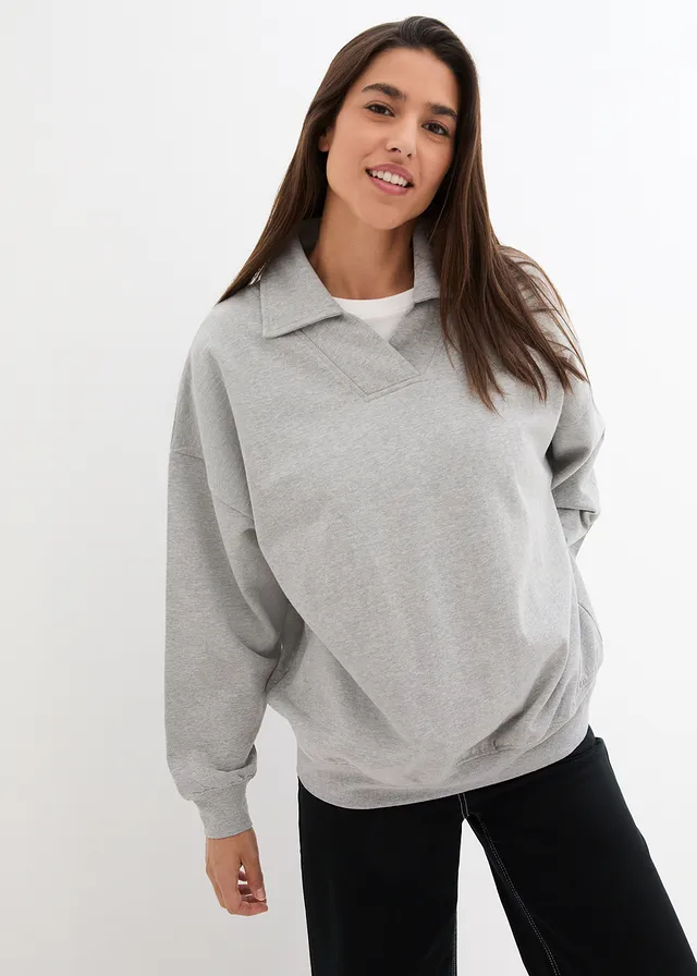 Sweat-shirt col polo et encolure en V, Couleur: gris clair chiné