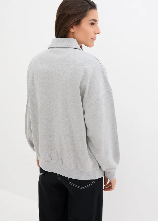 Sweat-shirt col polo et encolure en V, Couleur: gris clair chiné