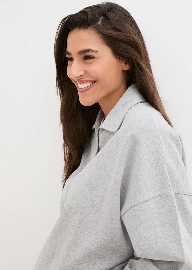 Sweat-shirt col polo et encolure en V • gris clair chiné • product-page.page-title-suffix
