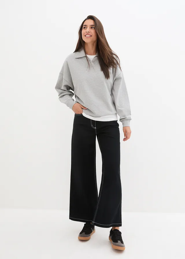 Sweat-shirt col polo et encolure en V, Couleur: gris clair chiné