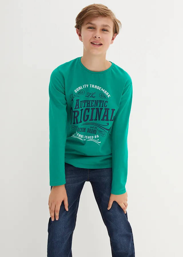 Lot de 2 t-shirts manches longues coton garçon, Couleur: bleu foncé+vert menthe