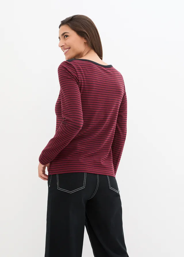 Gestreepte longsleeve met boothals • robijnrood-zwart gestreept • product-page.page-title-suffix