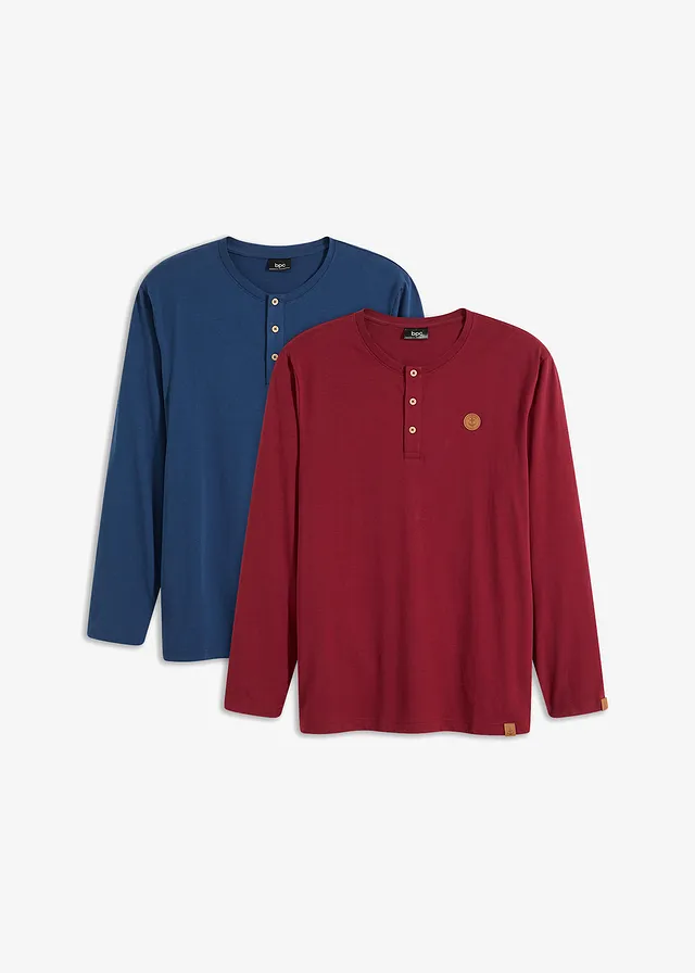 Lot de 2 T-shirts manches longues col tunisien 100% coton
