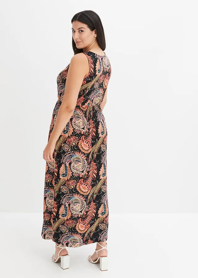 Robe longue en viscose douce et extensible, Couleur: noir/orange