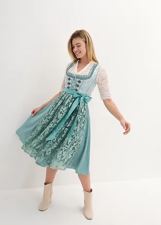 Kroj ve stylu dirndl a zástěra (2dílná souprava), barva: minerálově modrá
