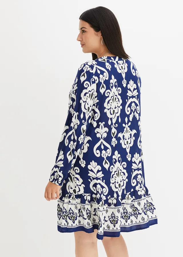 Gedessineerde tuniekjurk van soepele viscose, Kleur: middernachtblauw-wolwit