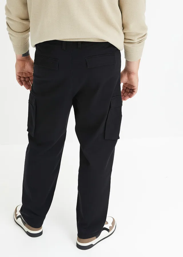 Pantalon cargo loose en coton extensible et robuste, Couleur: noir