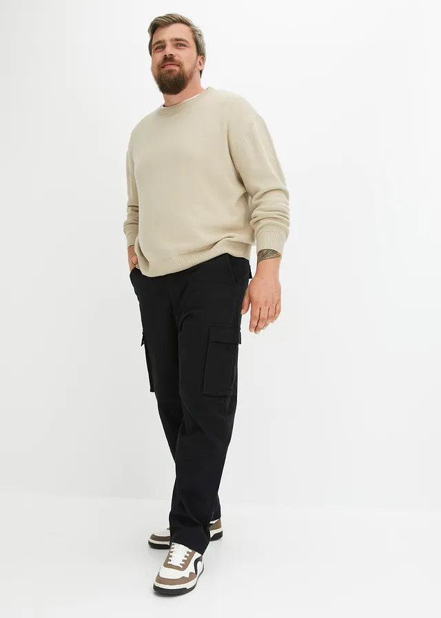 Pantalon cargo loose en coton extensible et robuste, Couleur: noir