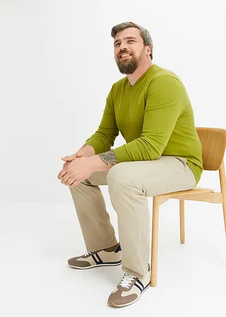 Fijngebreide trui met V-hals in een zachte katoenmix, Kleur: mosgroen